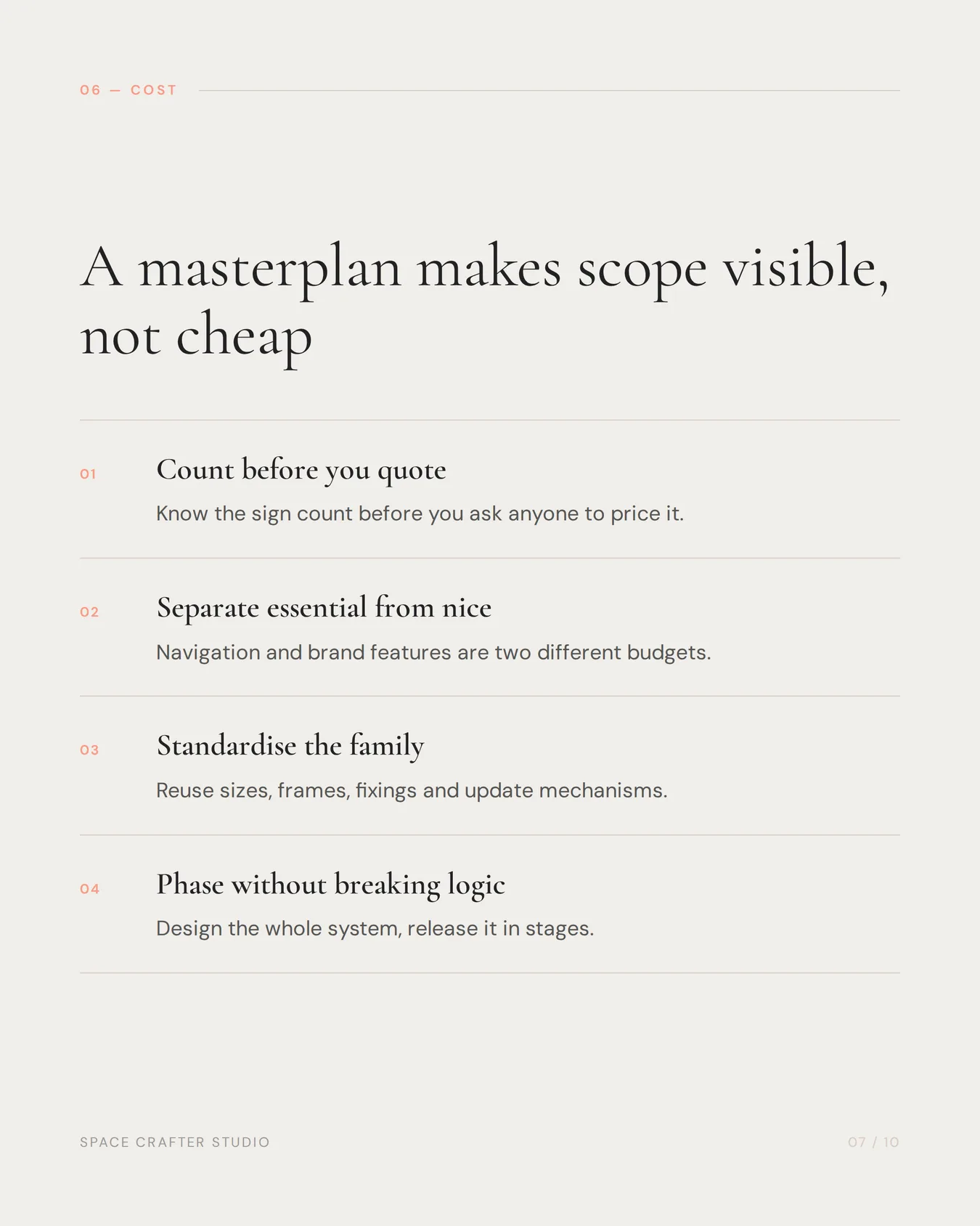 Signage and wayfinding masterplan, slide 7 of 10, Space Crafter Studio